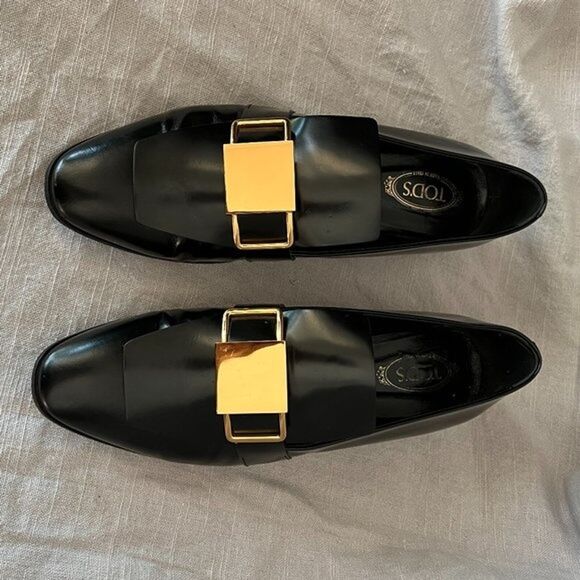 Tod's black patent leather shiny‎ gold metal buckle strap wedge Loafers size 39 - Picture 3 of 12